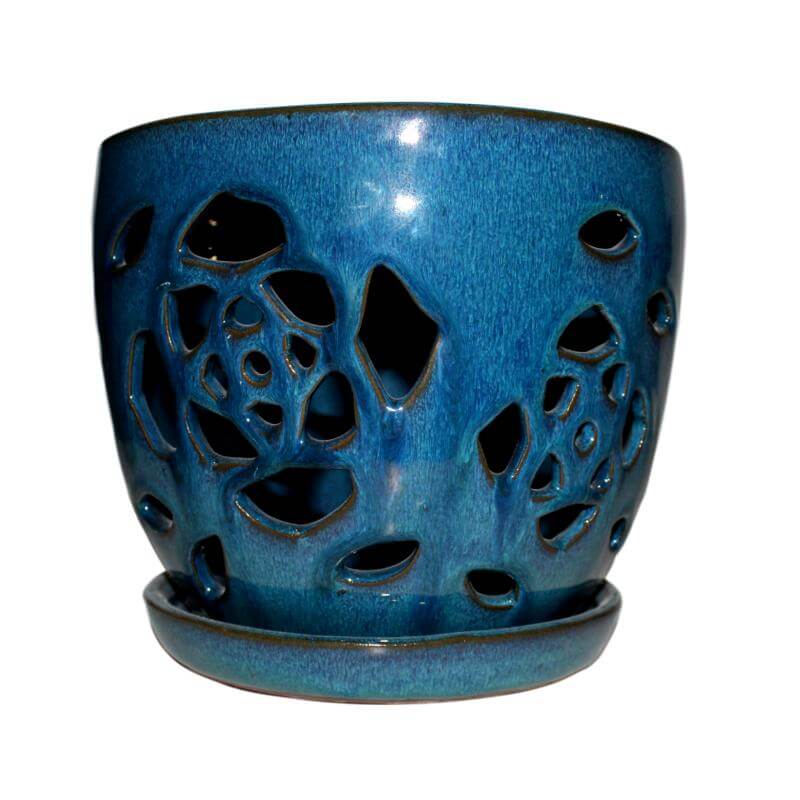 6" Teal Jade Floral Cutout Orchid Pot - Image 1