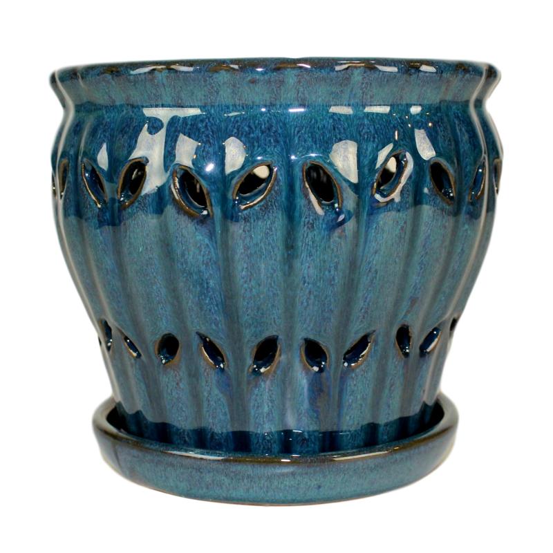 8″ Teal Jade Pinwheel Fluted Ceramic Planter