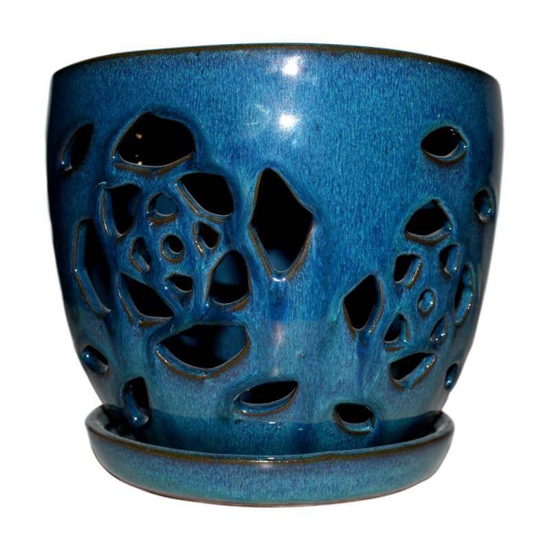 8" Teal Jade Floral Cutout Orchid Pot - Image 1