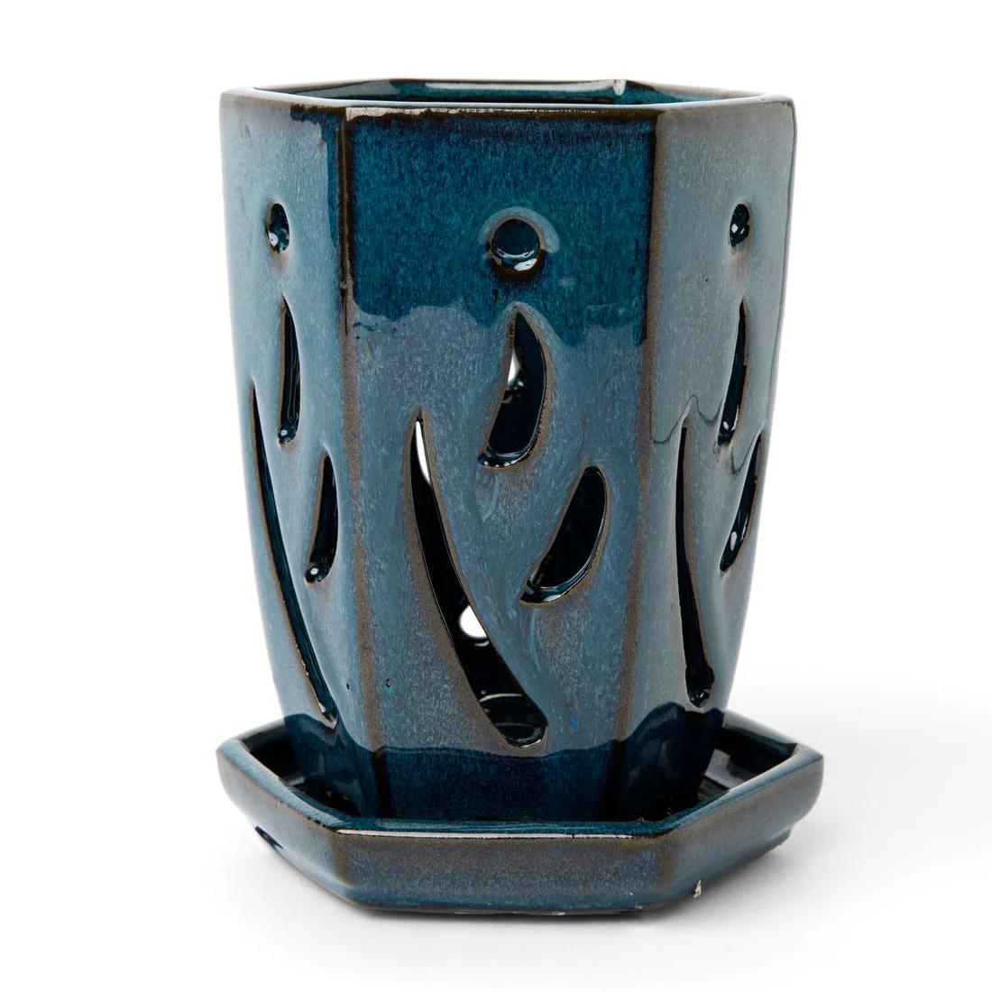 4" x 6" Teal Jade Fluted Hexagon Ceramic Orchid Pot - Image 1