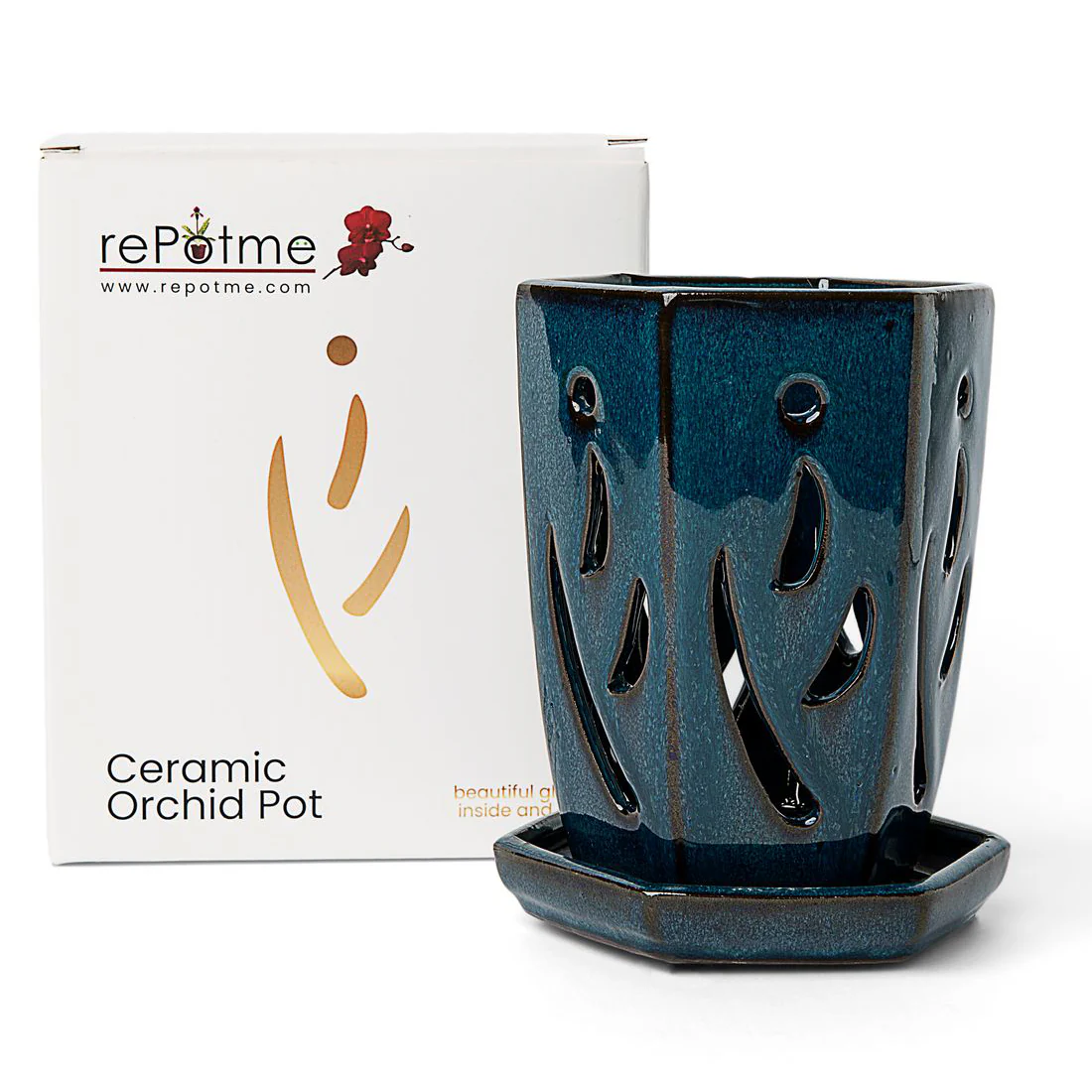 4" x 6" Teal Jade Fluted Hexagon Ceramic Orchid Pot - Image 2
