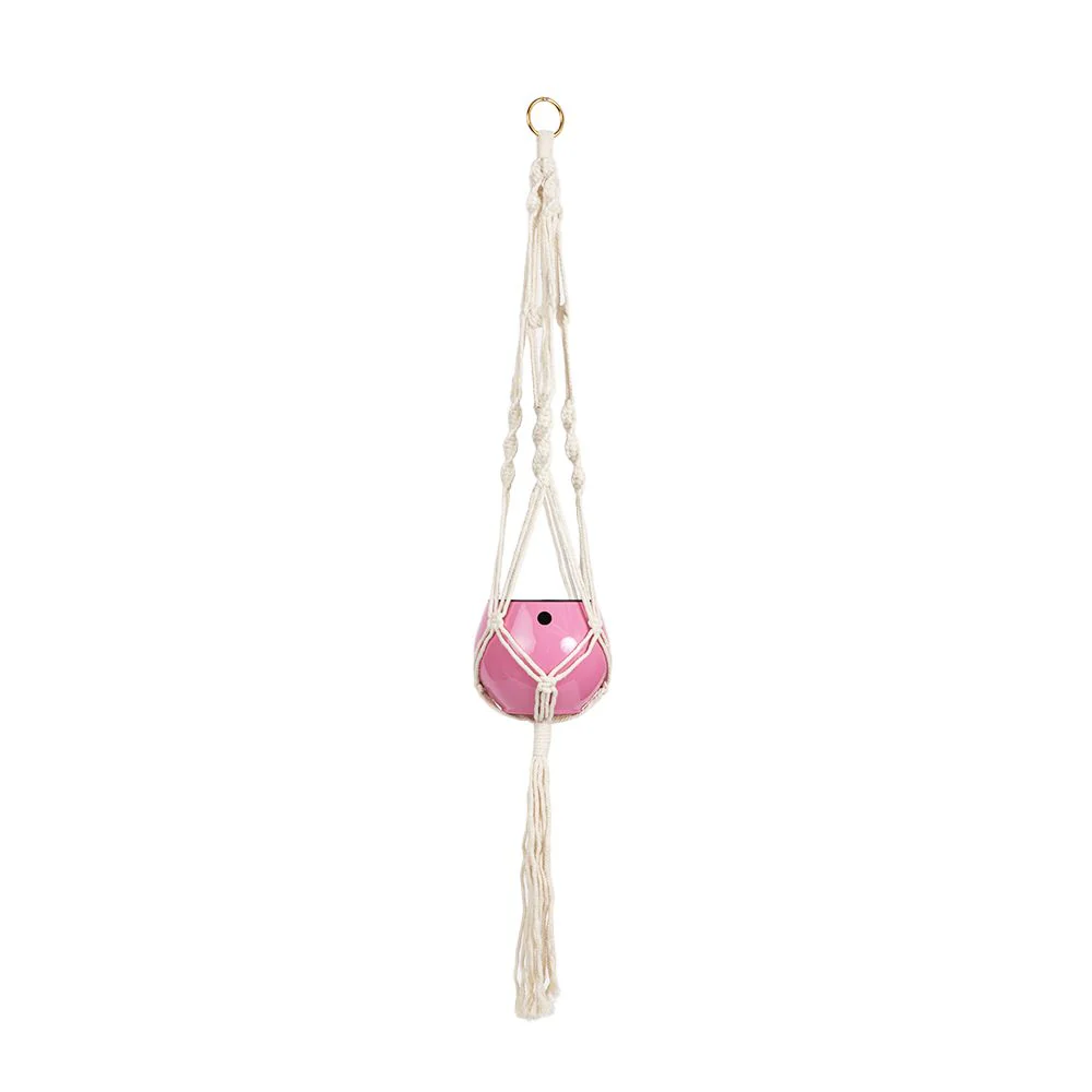 Macrame Hanger Self Watering Set – Linen White + Blush Pink
