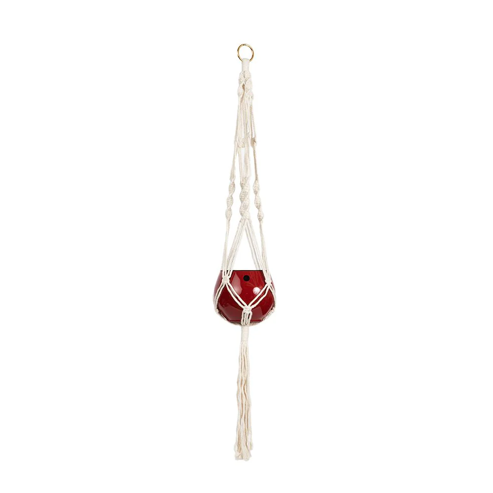 Macrame Hanger Self Watering Set – Linen White + Ruby Red