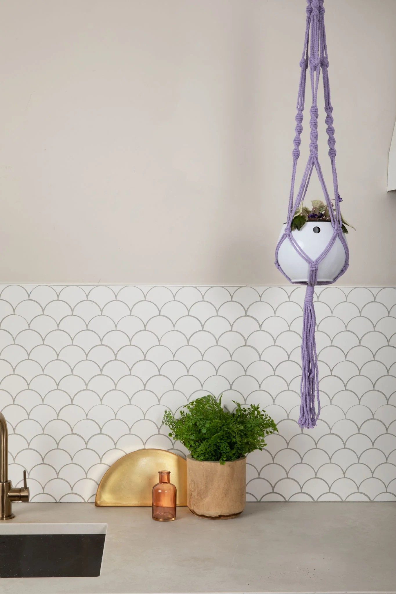 Macrame Hanger Self Watering Set - Lavender Purple + Designer White - Image 2