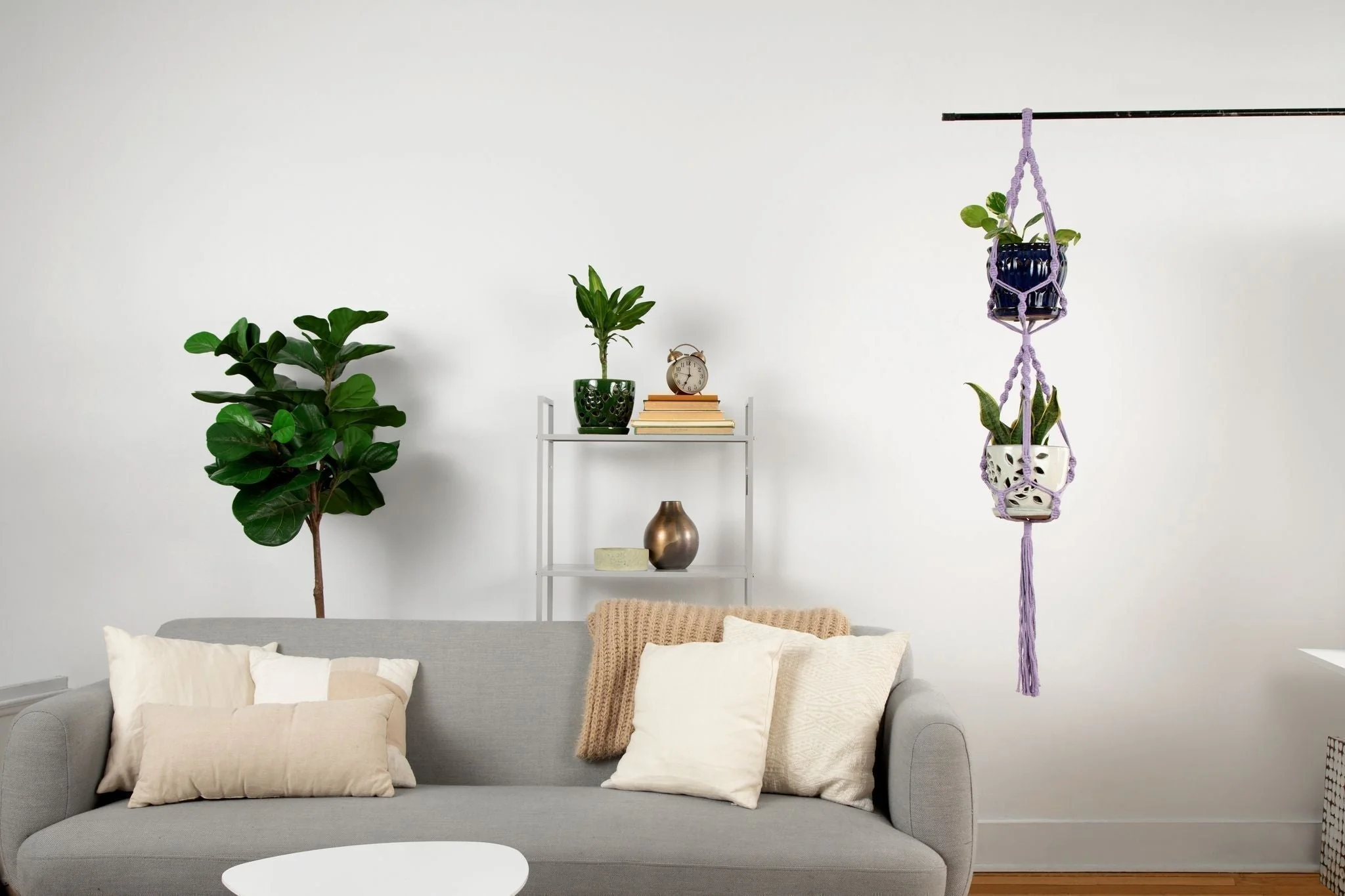 Deluxe Hand Woven Double Macrame Hanger - Linen White - Image 2