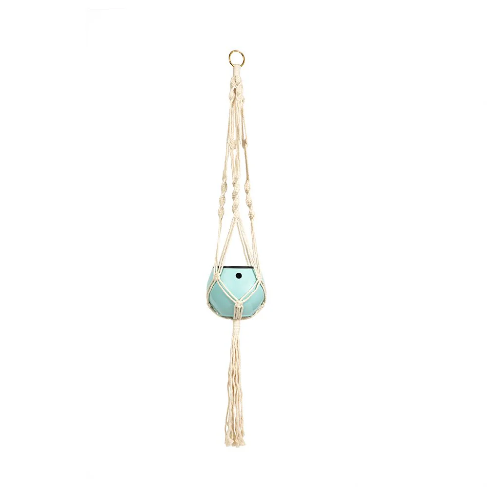 Macrame Hanger Self Watering Set – Linen White + Ocean Blue
