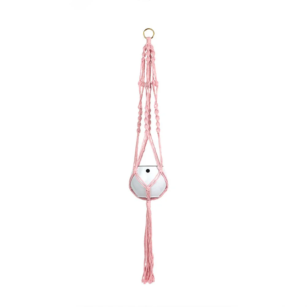 Macrame Hanger Self Watering Set – Rose Quartz + Designer White