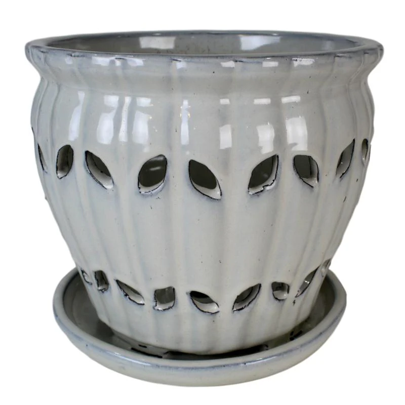 9″ White Diamond Pinwheel Fluted Ceramic Planter