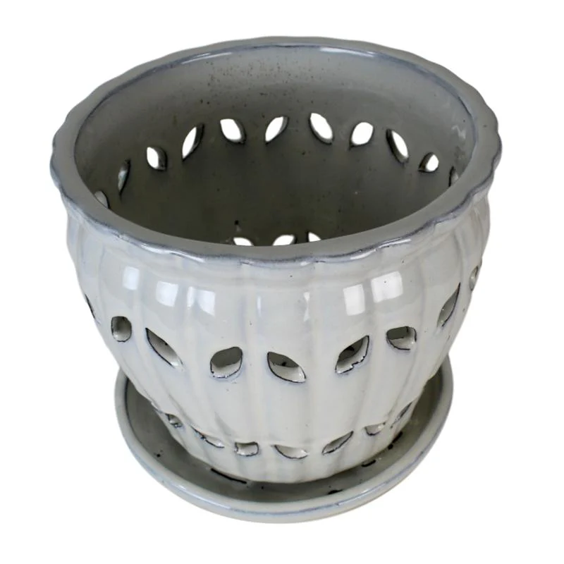 8" White Diamond Pinwheel Fluted Ceramic Planter - Image 2
