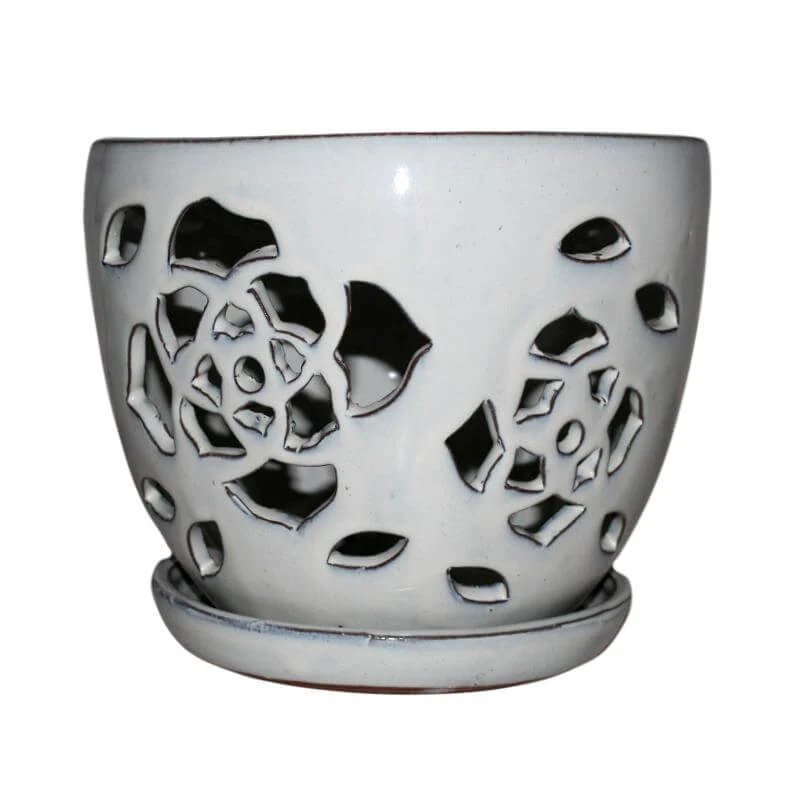 6" White Diamond Floral Cutout Orchid Pot - Image 1
