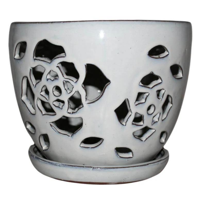 8" White Diamond Floral Cutout Ceramic Planter - Image 1