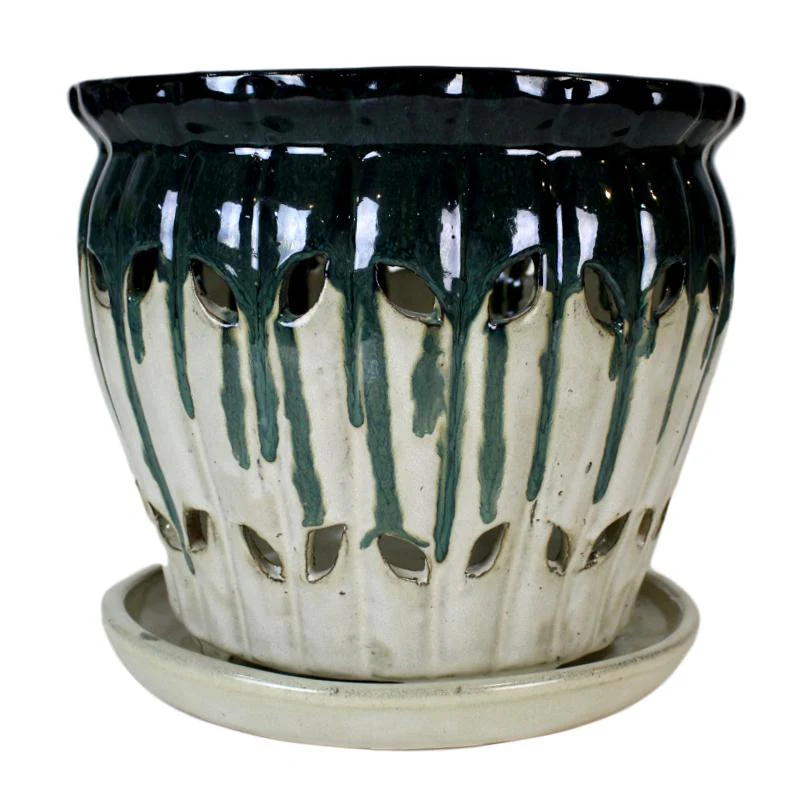 10″ Emerald Over Cream Pinwheel Fluted Ceramic Planter