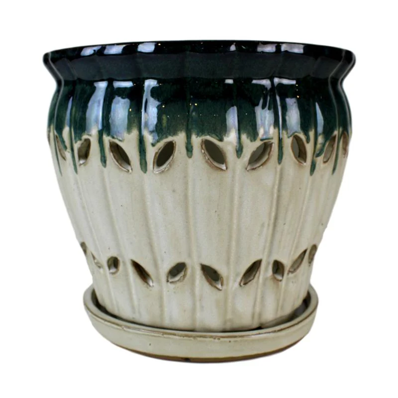 8" Evergreen Emerald Over Cream Pinwheel Fluted Ceramic Planter - Image 1