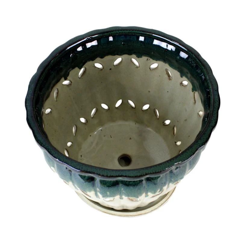 10" Emerald Over Cream Pinwheel Fluted Ceramic Planter - Image 2