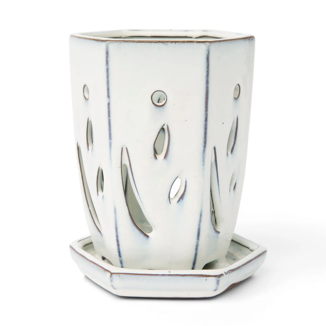 4" x 6" White Diamond Fluted Hexagon Ceramic Orchid Pot - Image 1
