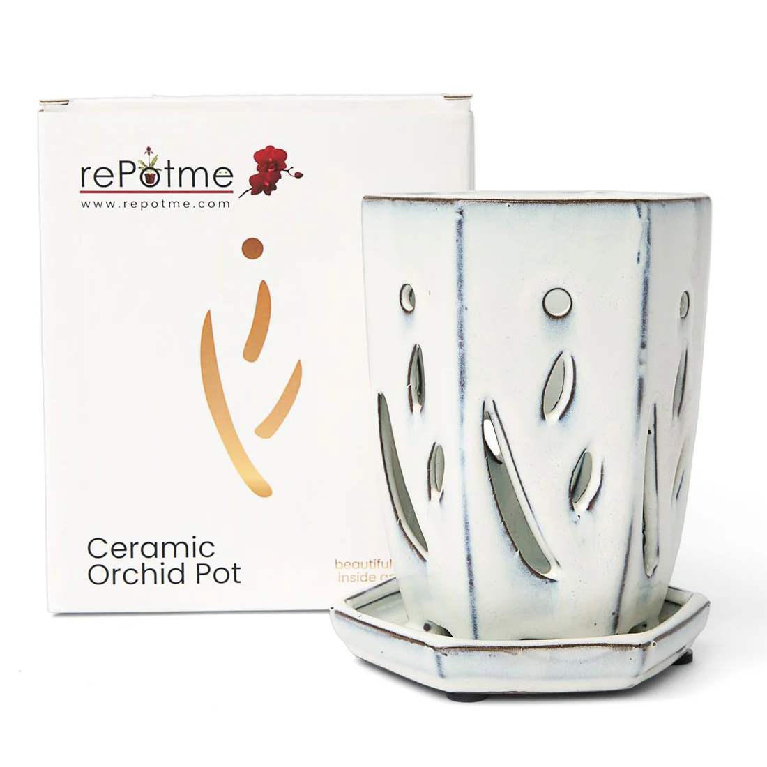 4" x 6" White Diamond Fluted Hexagon Ceramic Orchid Pot - Image 2